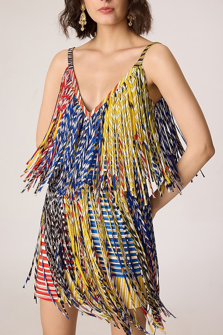 Multi-Colored Chiffon Striped Tasseled Mini Party Wear Dress by Saaksha & Kinni at Pernia's Pop Up Shop