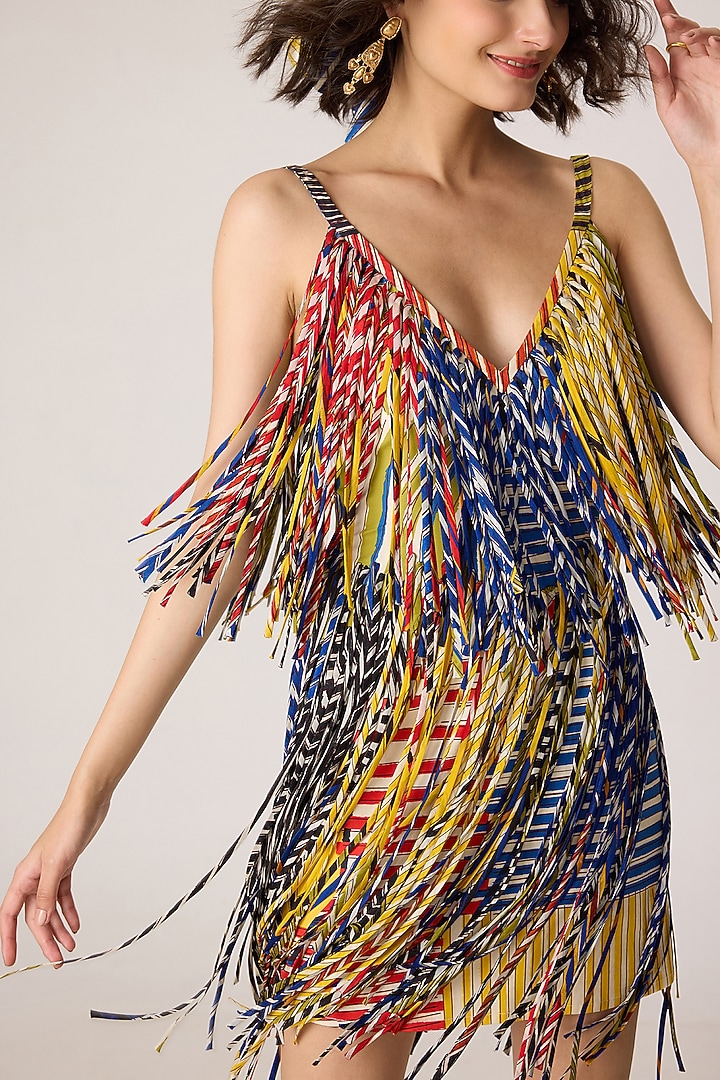 Multi-Colored Chiffon Striped Tasseled Mini Party Wear Dress by Saaksha & Kinni at Pernia's Pop Up Shop