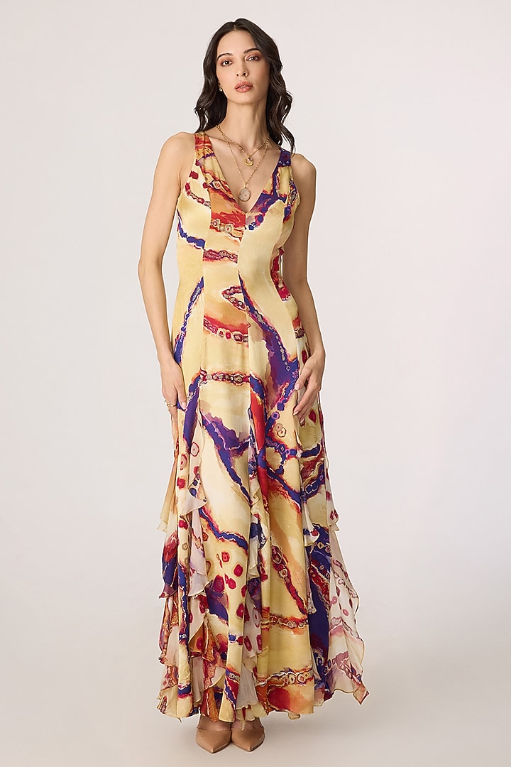 Multi-Colored Chiffon Tribal Printed Ruffled Maxi Vacation Dress by Saaksha & Kinni at Pernia's Pop Up Shop