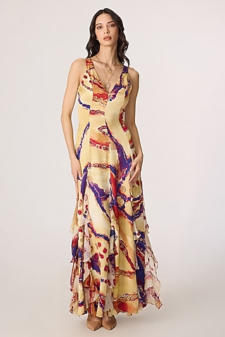 Multi-Colored Chiffon Tribal Printed Ruffled Maxi Dress by Saaksha & Kinni