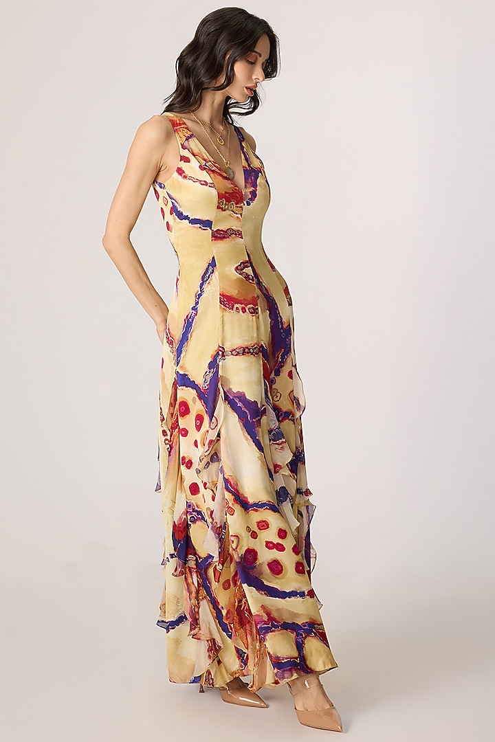 Multi-Colored Chiffon Tribal Printed Ruffled Maxi Vacation Dress by Saaksha & Kinni at Pernia's Pop Up Shop