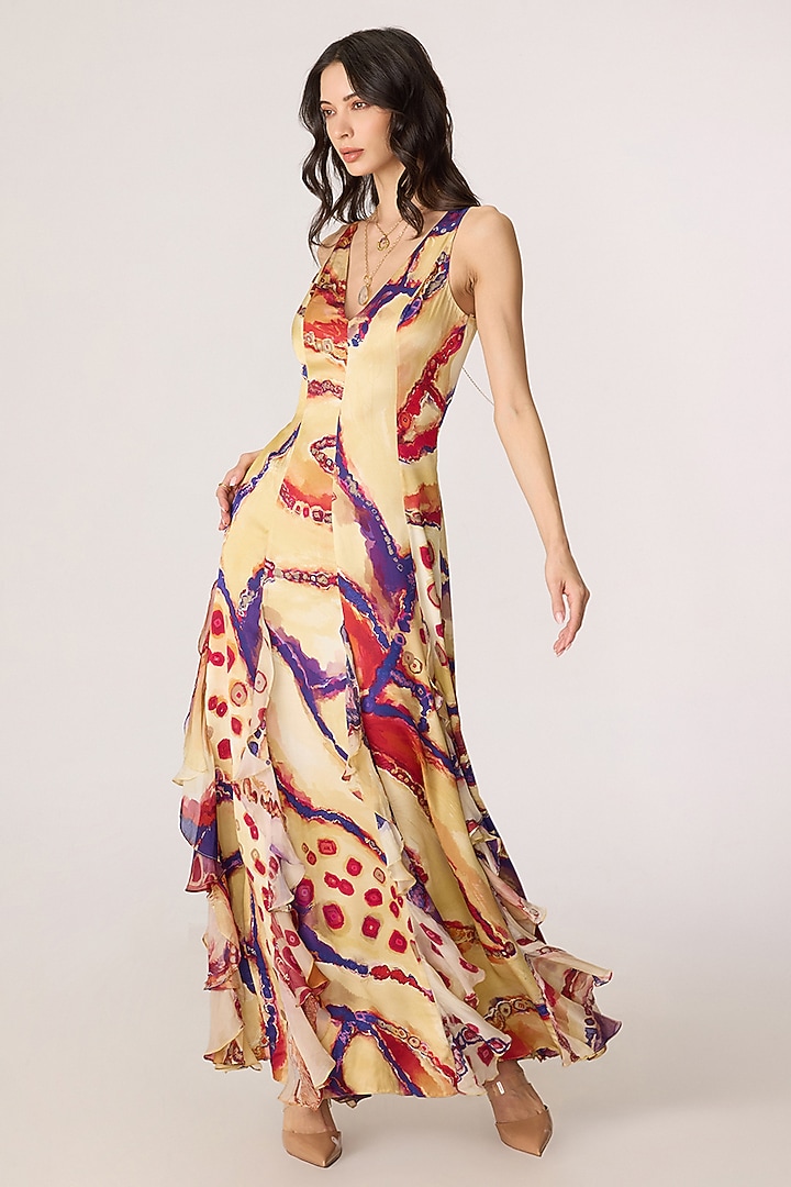 Multi-Colored Chiffon Tribal Printed Ruffled Maxi Vacation Dress by Saaksha & Kinni at Pernia's Pop Up Shop