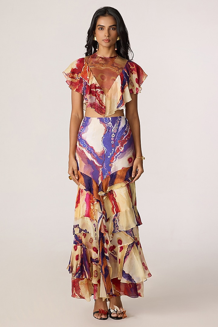 Multi-Colored Stretch Jersey Tribal Printed Skirt Set by Saaksha & Kinni at Pernia's Pop Up Shop