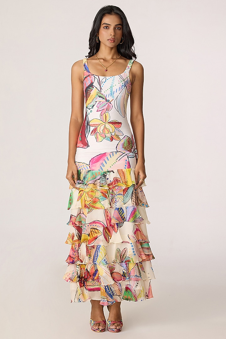 Multi-Colored Chiffon Floral Printed Layered Maxi Vacation Dress by Saaksha & Kinni at Pernia's Pop Up Shop