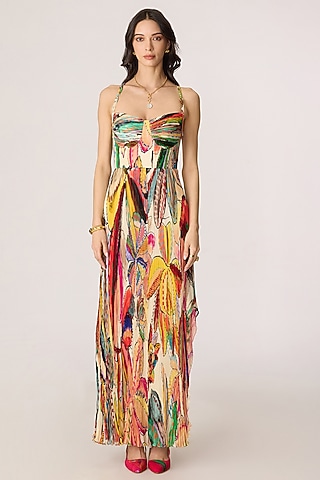 Multi-Colored Chiffon Floral Printed Asymmetrical Maxi Dress by Saaksha & Kinni