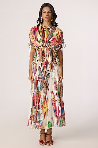 Multi-Colored Poly Florence Chiffon Floral Printed Skirt Set by Saaksha & Kinni