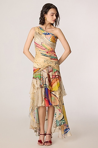Multi-Colored Chiffon Floral Printed Pleated Maxi Dress by Saaksha & Kinni