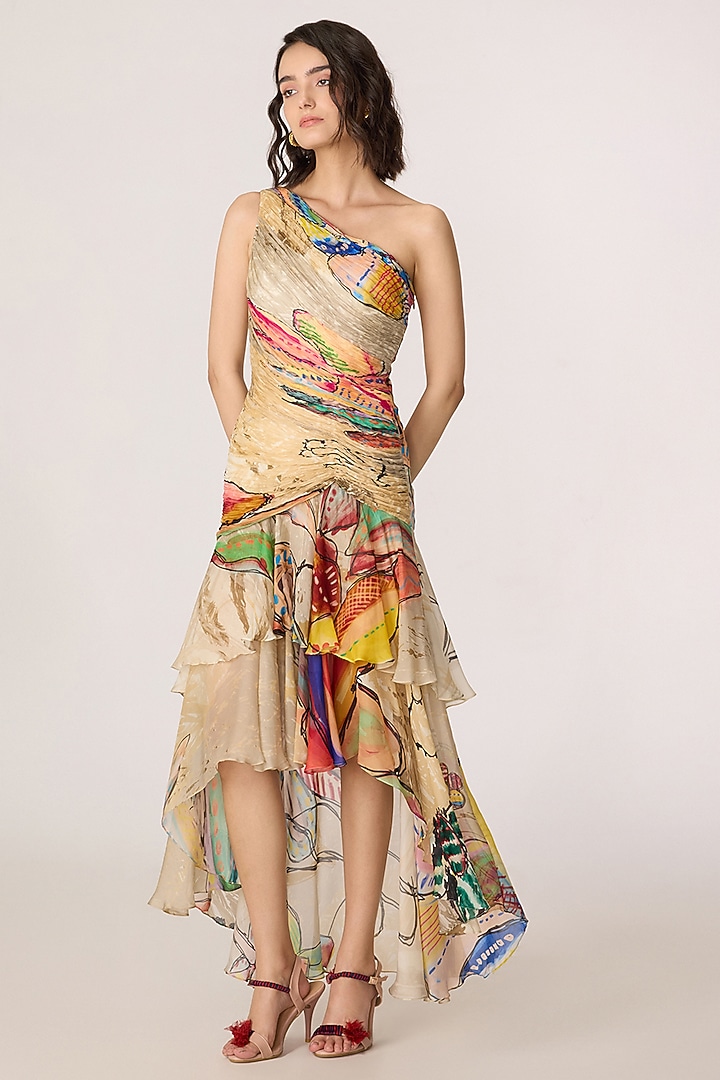Multi-Colored Chiffon Floral Printed Pleated Maxi Vacation Dress by Saaksha & Kinni at Pernia's Pop Up Shop