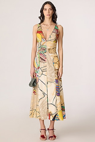 Multi-Colored Cotton Lycra Floral Printed A-Line Maxi Dress by Saaksha & Kinni