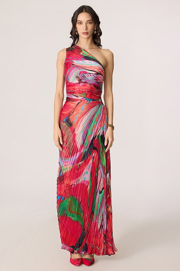 Multi-Colored Poly Satin Floral Printed One-Shoulder Maxi Vacation Dress by Saaksha & Kinni at Pernia's Pop Up Shop