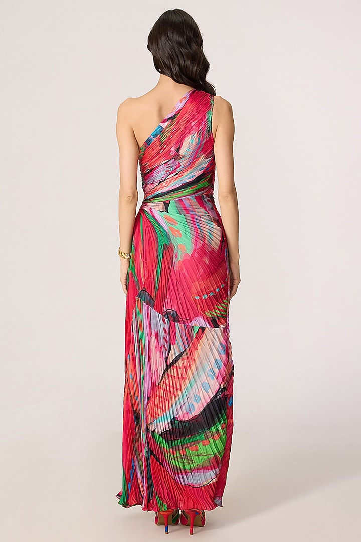 Multi-Colored Poly Satin Floral Printed One-Shoulder Maxi Vacation Dress by Saaksha & Kinni at Pernia's Pop Up Shop