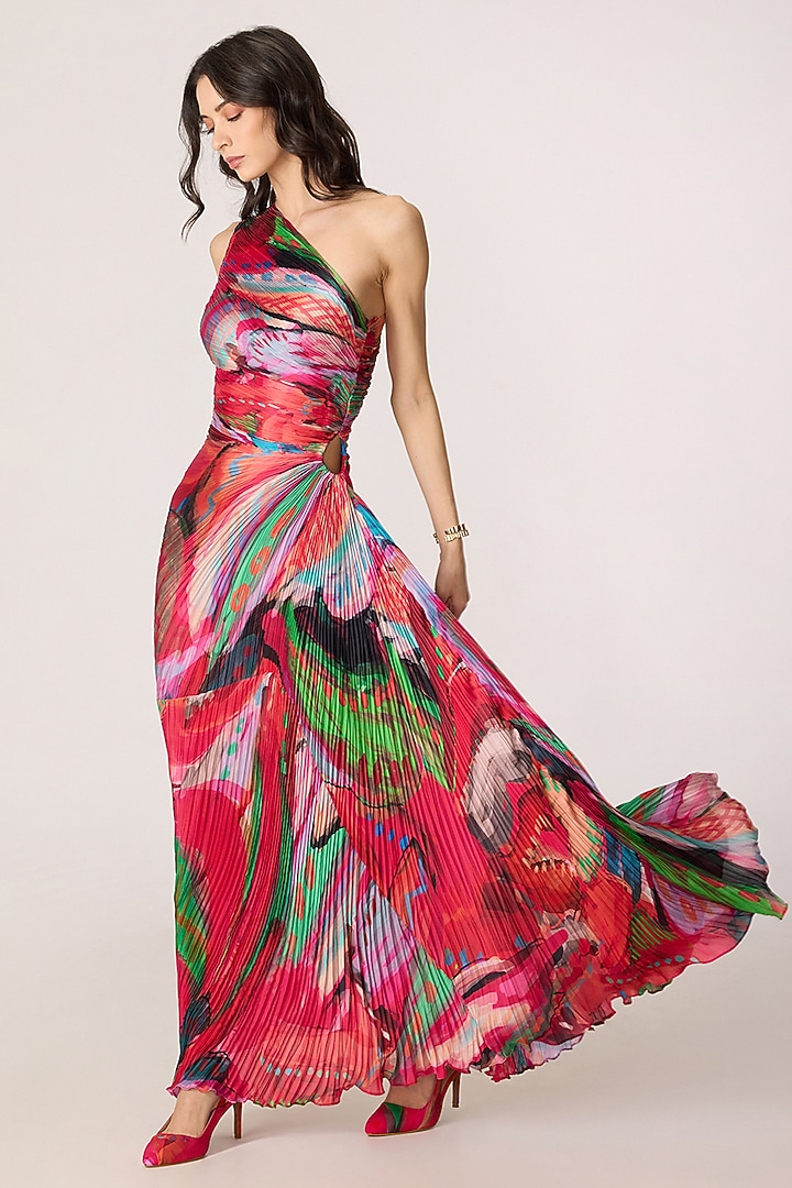 Multi-Colored Poly Satin Floral Printed One-Shoulder Maxi Vacation Dress by Saaksha & Kinni at Pernia's Pop Up Shop