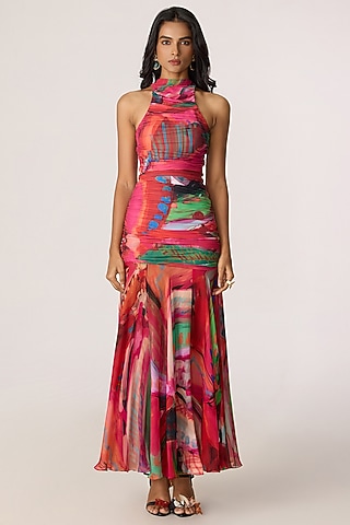 Multi-Colored Chiffon Abstract Floral Printed Maxi Dress by Saaksha & Kinni