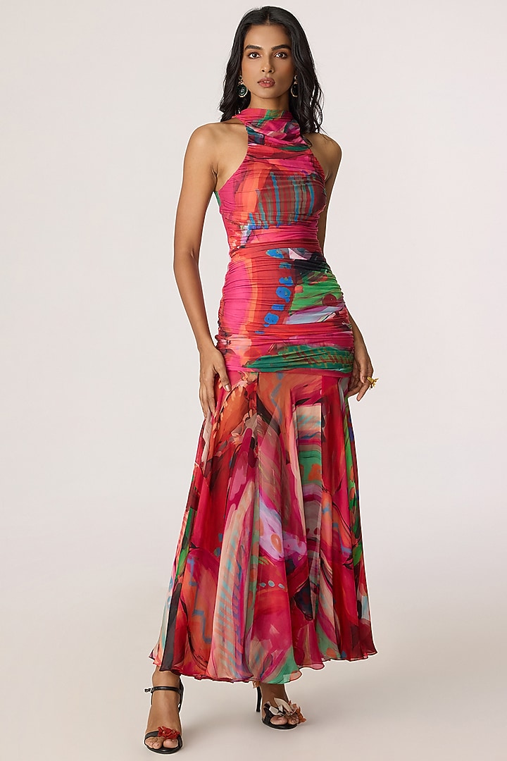 Multi-Colored Chiffon Abstract Floral Printed Maxi Vacation Dress by Saaksha & Kinni at Pernia's Pop Up Shop