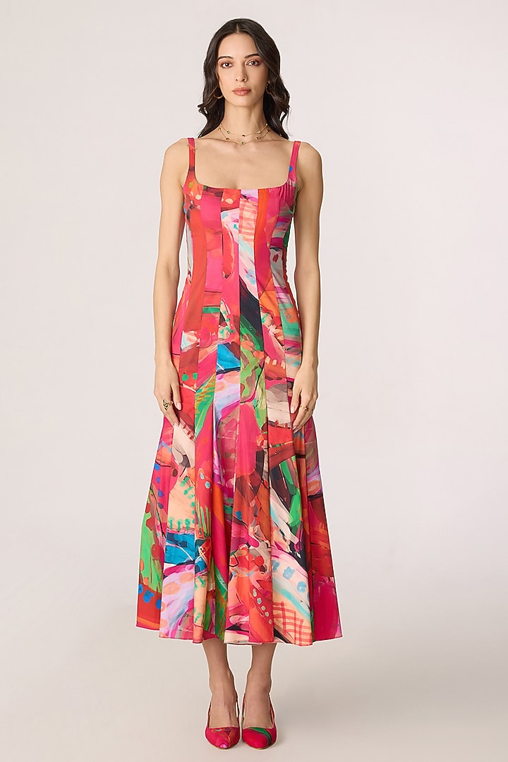 Multi-Colored Stretch Cotton Abstract Printed Midi Vacation Dress by Saaksha & Kinni at Pernia's Pop Up Shop