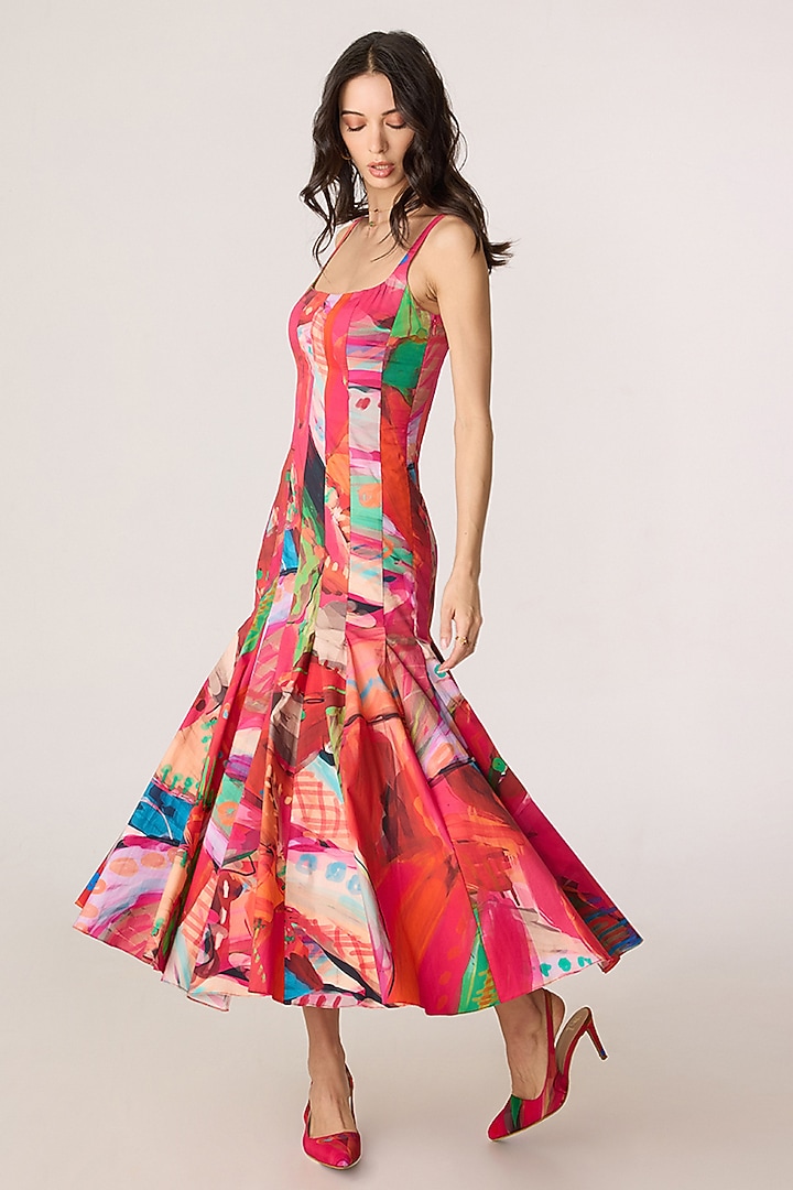 Multi-Colored Stretch Cotton Abstract Printed Midi Vacation Dress by Saaksha & Kinni at Pernia's Pop Up Shop