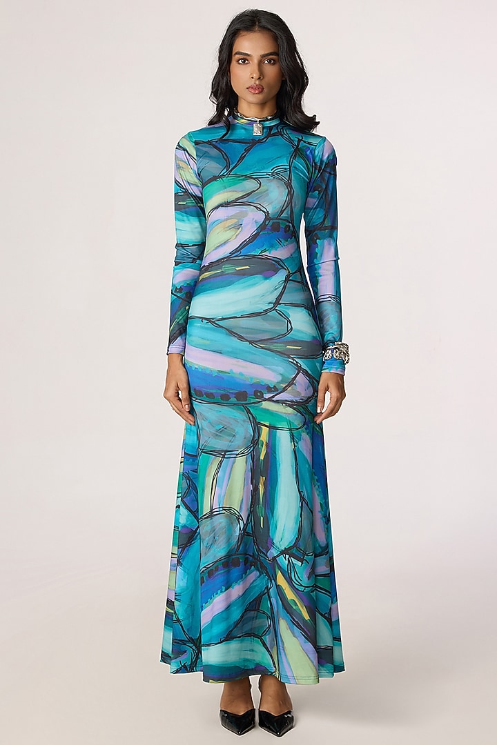 Multi-Colored Lycra Abstract Printed Fitted Maxi Vacation Dress by Saaksha & Kinni at Pernia's Pop Up Shop