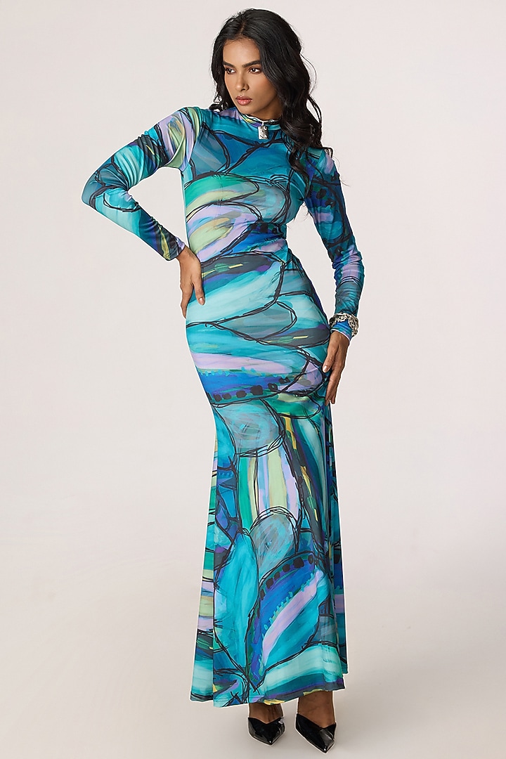 Multi-Colored Lycra Abstract Printed Fitted Maxi Vacation Dress by Saaksha & Kinni at Pernia's Pop Up Shop