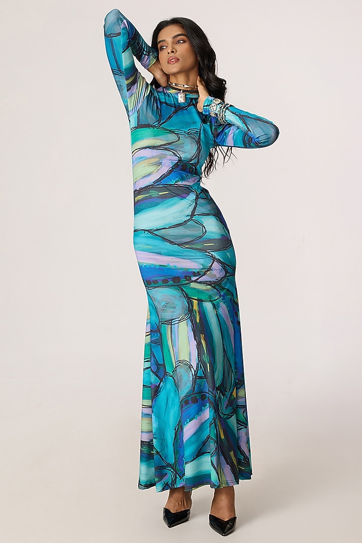Multi-Colored Lycra Abstract Printed Fitted Maxi Vacation Dress by Saaksha & Kinni at Pernia's Pop Up Shop
