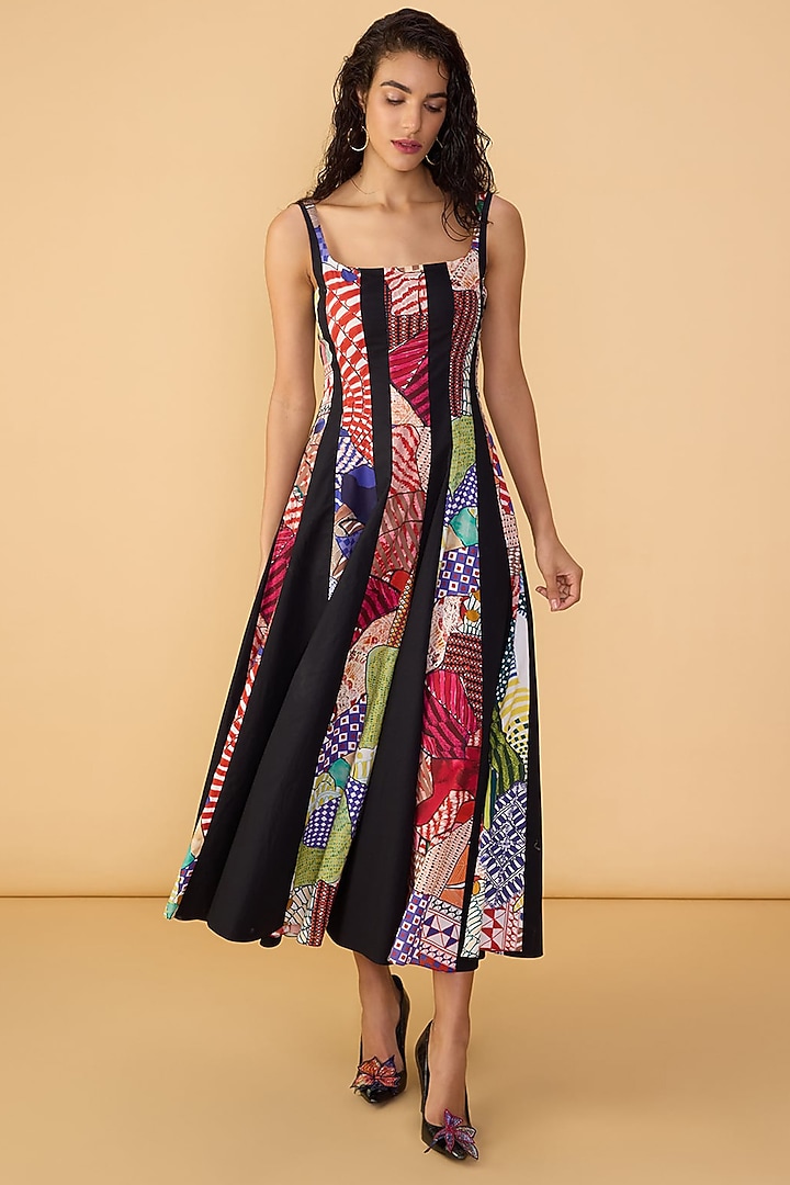 Multi-Colored Poplin Abstract Bird Printed Midi Flared Vacation Dress by Saaksha & Kinni at Pernia's Pop Up Shop