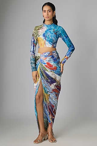 Multi-Colored Poly Florence Chiffon Skirt Set by Saaksha & Kinni