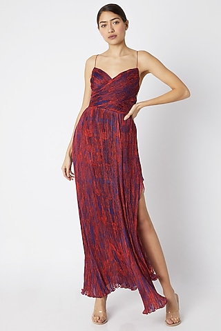 Red Printed & Micro Pleated Dress by Saaksha & Kinni