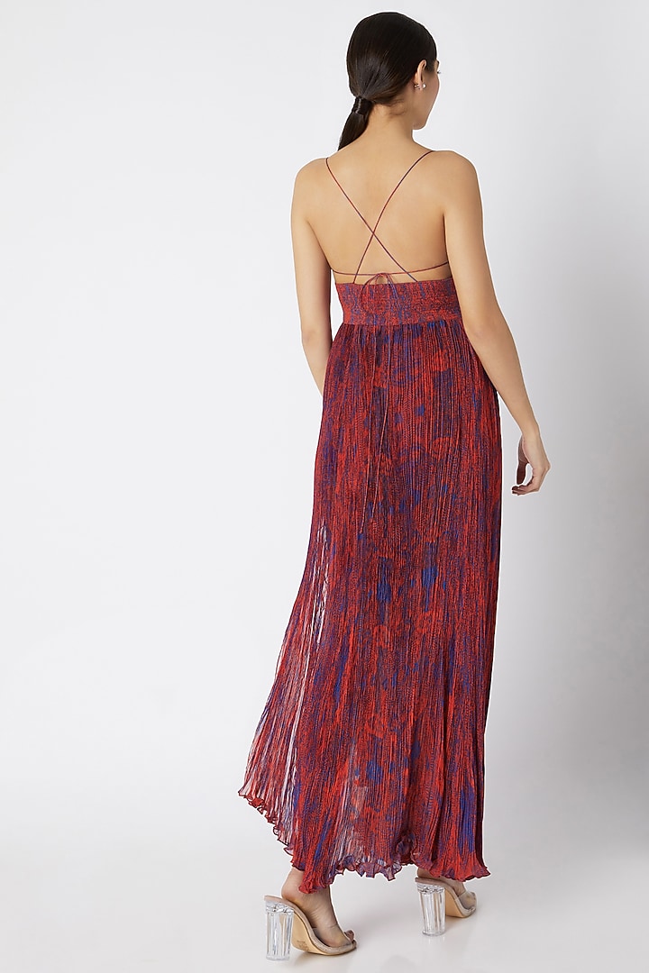 Red Printed & Micro Pleated Vacation Dress by Saaksha & Kinni at Pernia's Pop Up Shop