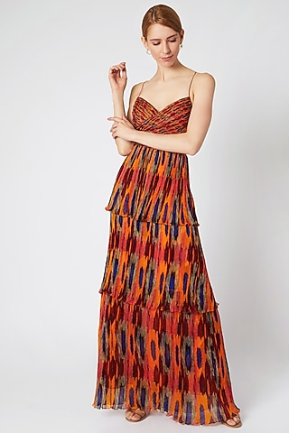 Yellow & Red Chiffon Ikat Floral Digital Printed Tiered Dress by Saaksha & Kinni