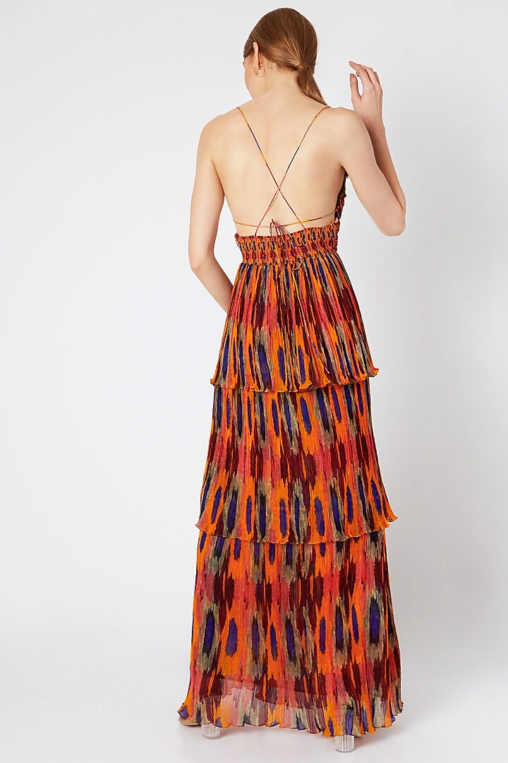 Yellow & Red Chiffon Ikat Floral Digital Printed Tiered Vacation Dress by Saaksha & Kinni at Pernia's Pop Up Shop