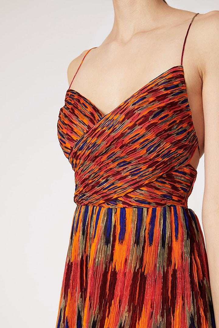 Yellow & Red Chiffon Ikat Floral Digital Printed Tiered Vacation Dress by Saaksha & Kinni at Pernia's Pop Up Shop