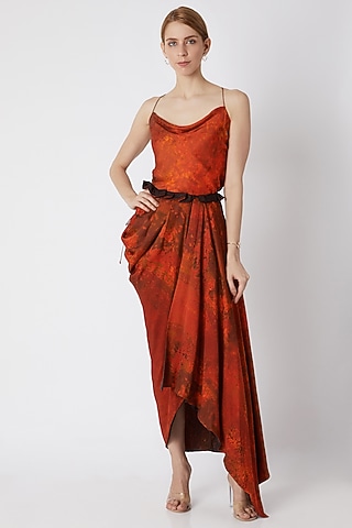 Orange Printed Spaghetti Blouse by Saaksha & Kinni
