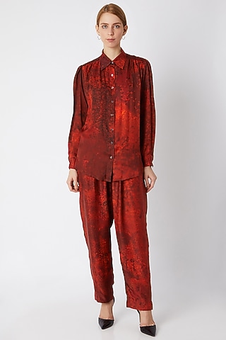 Red Printed & Embroidered Shirt by Saaksha & Kinni