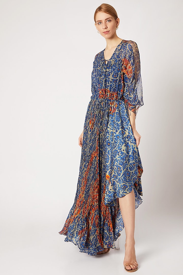 Cobalt Blue Printed Asymmetric Dress With Inner by Saaksha & Kinni