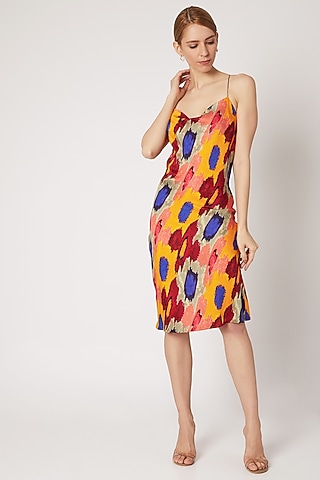 Yellow Ikat Floral Printed Dress by Saaksha & Kinni