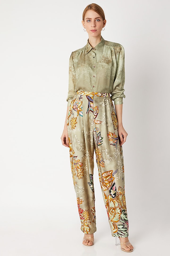 Gold Floral Print Trousers by Saaksha & Kinni