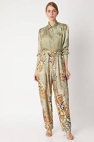 Gold Floral Print Trousers by Saaksha & Kinni