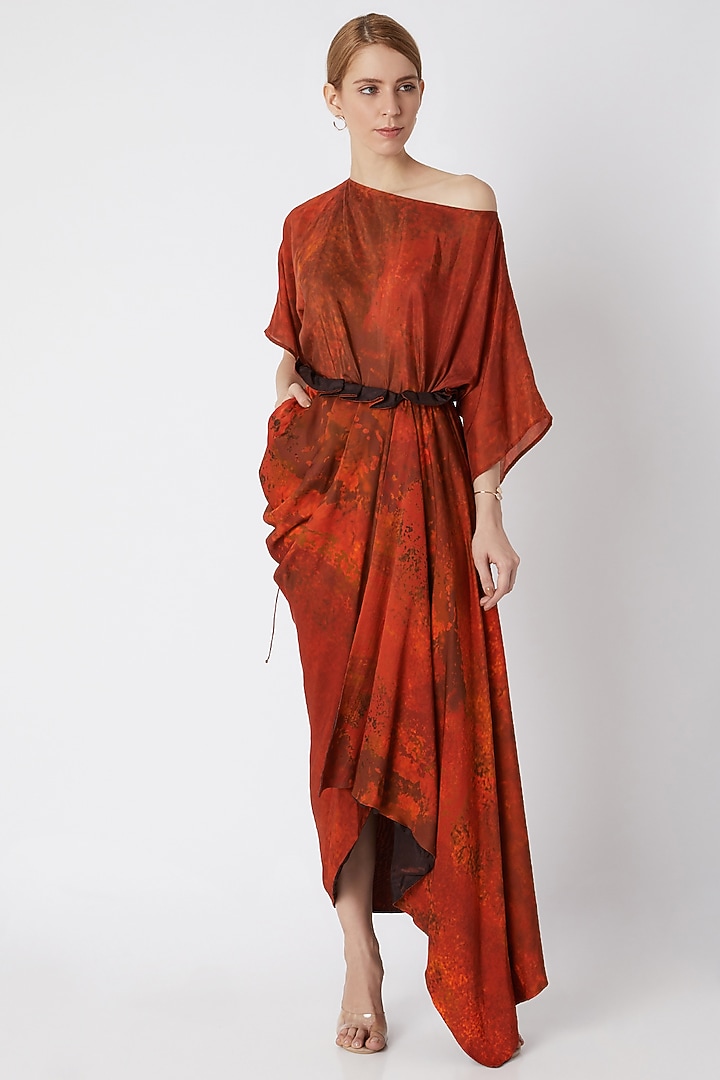 Orange Printed Drape Skirt by Saaksha & Kinni at Pernia's Pop Up Shop