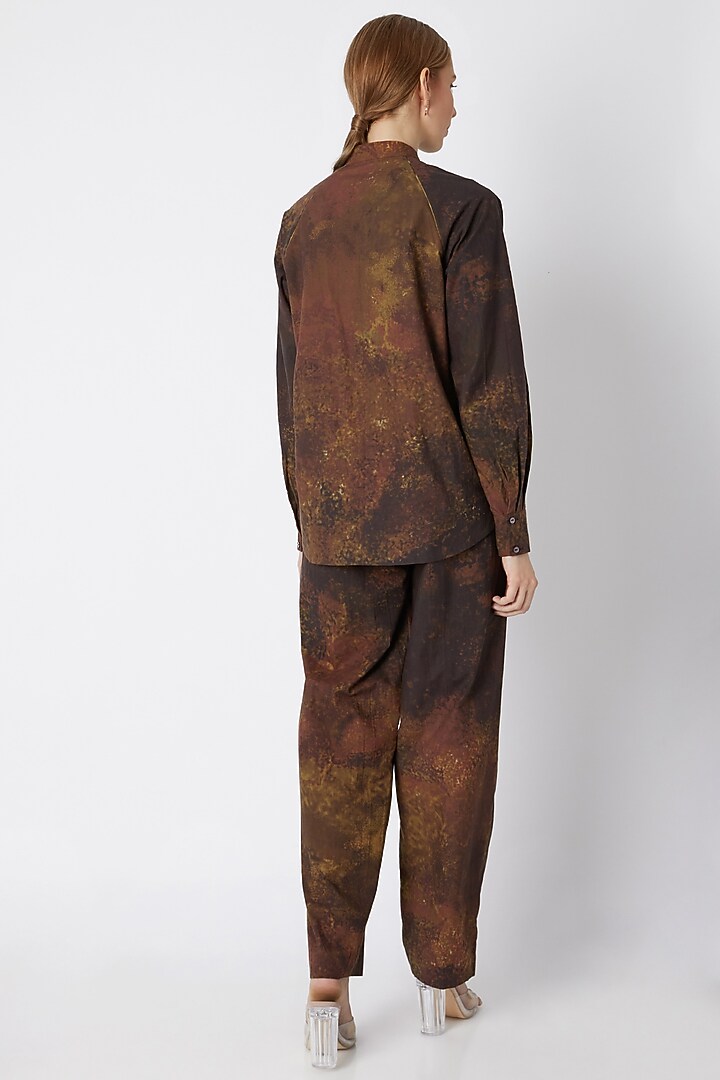 Brown Printed Shirt With Chinese Collar by Saaksha & Kinni at Pernia's Pop Up Shop