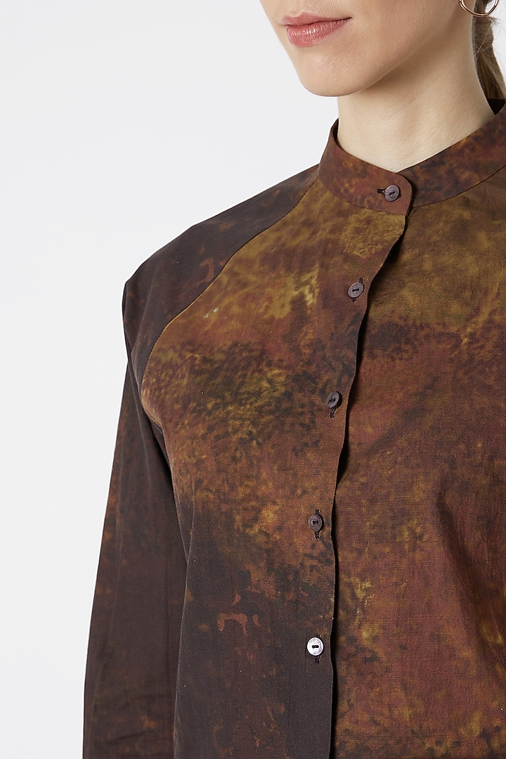 Brown Printed Shirt With Chinese Collar by Saaksha & Kinni at Pernia's Pop Up Shop