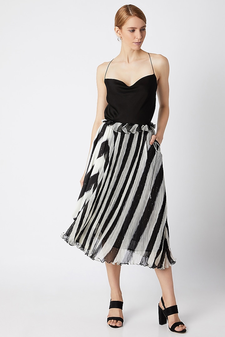 Black Micro Pleated Asymmetric Skirt by Saaksha & Kinni