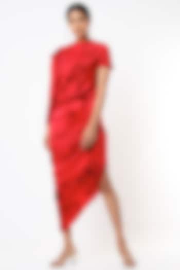 Red Satin Draped Dress by Saaksha & Kinni