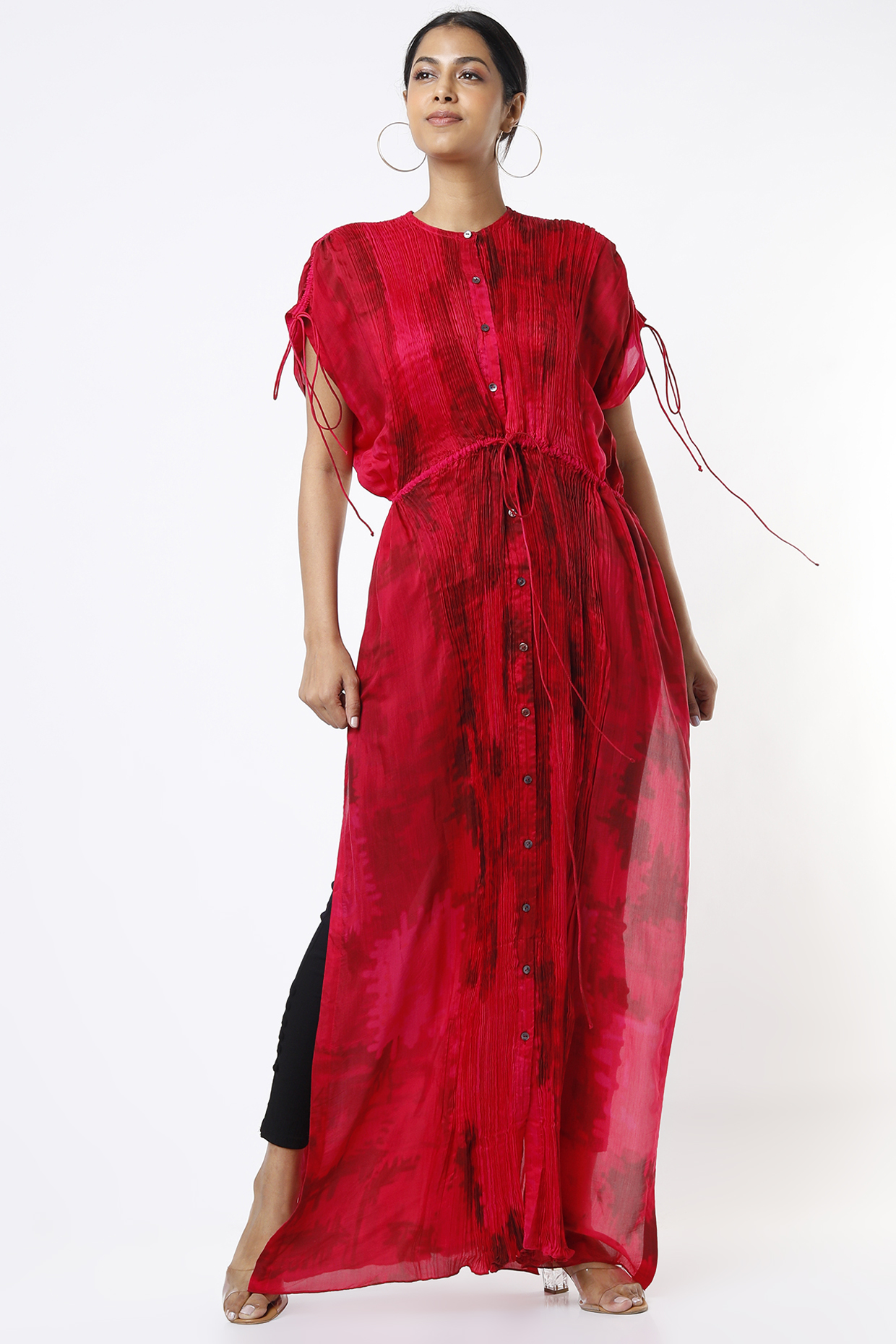 Red Micro-Pleated Long Kaftan by Saaksha & Kinni at Pernia's Pop Up Shop