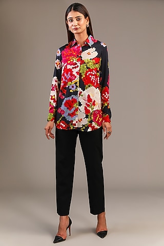 Black Satin Floral Ikat Printed Shirt by Saaksha & Kinni