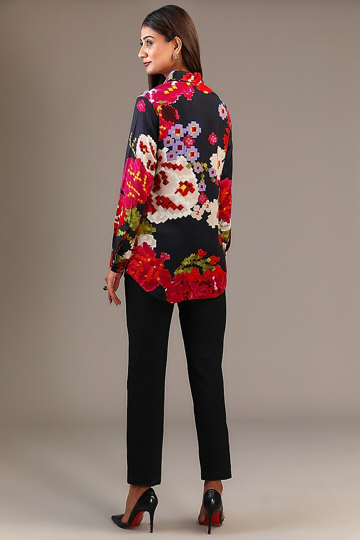 Black Satin Floral Ikat Printed Shirt by Saaksha & Kinni at Pernia's Pop Up Shop