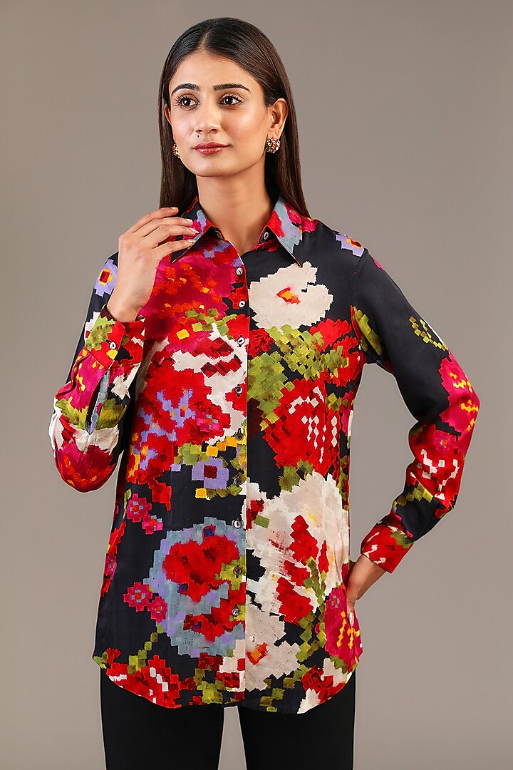 Black Satin Floral Ikat Printed Shirt by Saaksha & Kinni at Pernia's Pop Up Shop