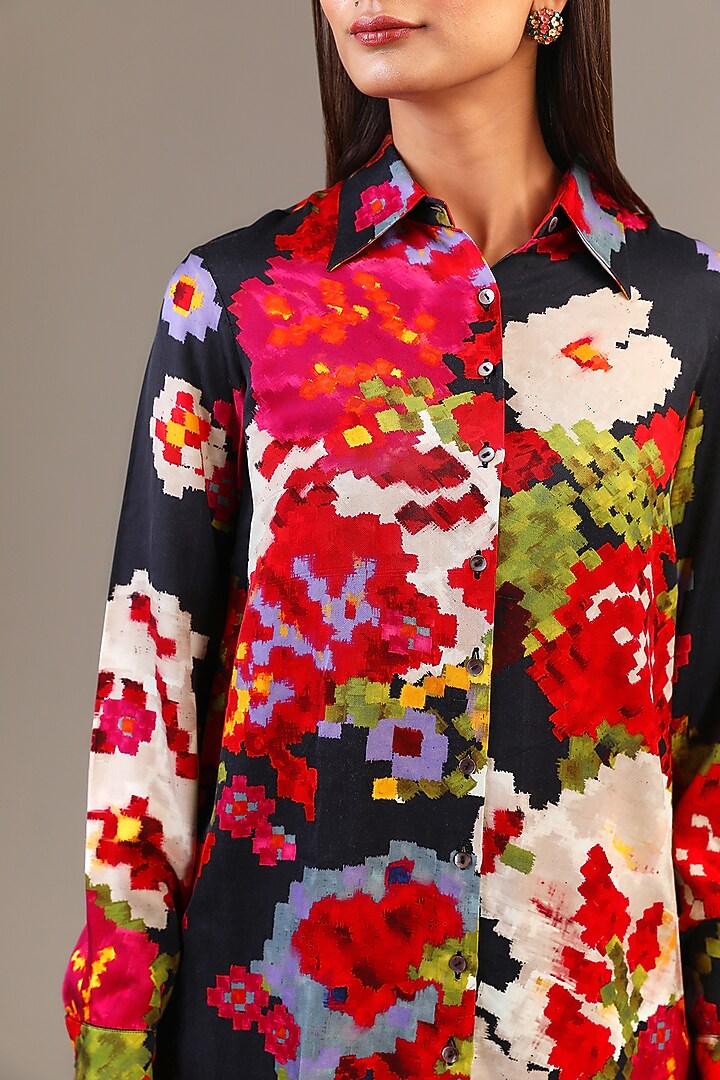 Black Satin Floral Ikat Printed Shirt by Saaksha & Kinni at Pernia's Pop Up Shop