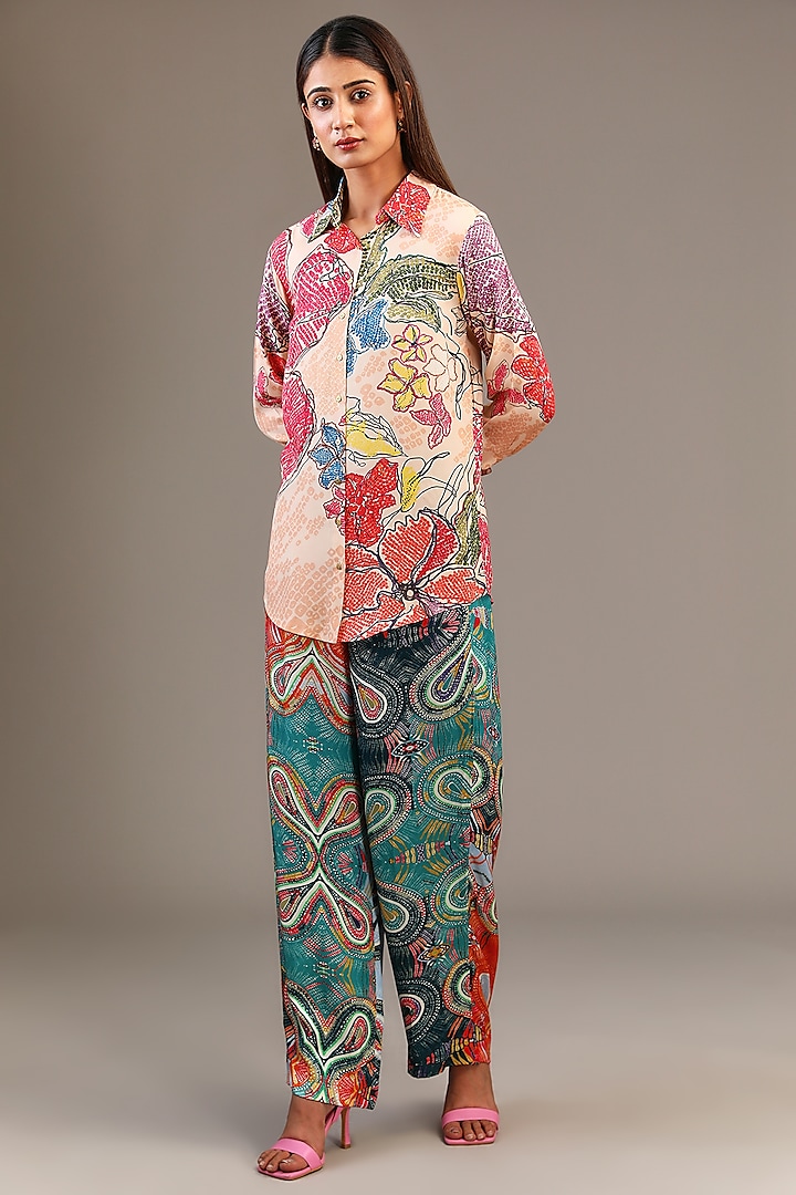 Multi-Colored Satin Bandhani Printed Shirt by Saaksha & Kinni at Pernia's Pop Up Shop