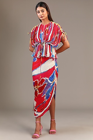 Red Cotton Silk Ikat Printed Hand Micro Pleated Skirt Set by Saaksha & Kinni