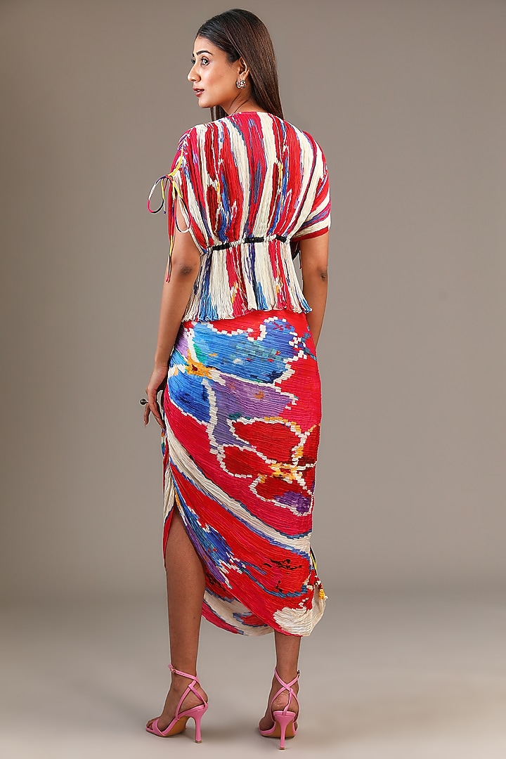 Red Cotton Silk Ikat Printed Hand Micro Pleated Skirt Set by Saaksha & Kinni at Pernia's Pop Up Shop