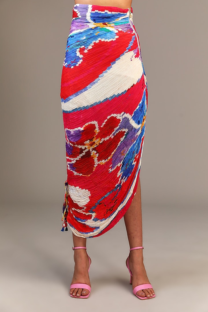 Red Cotton Silk Ikat Printed Hand Micro Pleated Skirt Set by Saaksha & Kinni at Pernia's Pop Up Shop